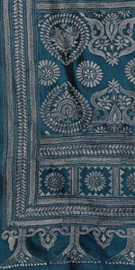 Turquoise Kantha Embroidered Silk Saree-Kantha saree-parinitasarees