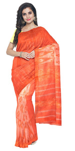 Vibrant Orange Tant Cotton with Ikat Pattern-Tant saree-parinitasarees