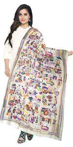 Village Life Tussar Silk Dupatta with Kantha Embroidery-Dupattas-parinitasarees