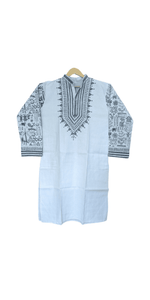 White Cotton Panjabi with Warli Art Kantha Embroidery-Men's Kurtas-parinitasarees