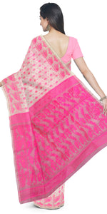 White Dhakai Jamdani with Pink Motifs-Jamdani saree-parinitasarees
