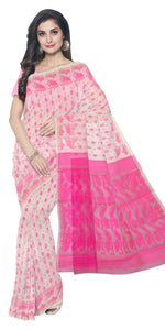 White Dhakai Jamdani with Pink Motifs-Jamdani saree-parinitasarees