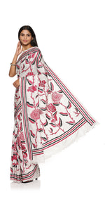 White Kantha Embroidered Art-Silk Saree-Kantha saree-parinitasarees
