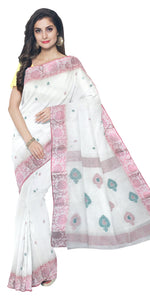 White Tant Saree with Traditional Motifs-Tant saree-parinitasarees