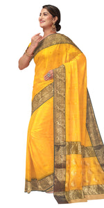 Yellow Chanderi Katan Silk Saree with Traditional Motifs-Chanderi Sarees-parinitasarees