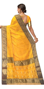 Yellow Chanderi Katan Silk Saree with Traditional Motifs-Chanderi Sarees-parinitasarees