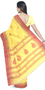Yellow Tant Saree with Leafy Motifs-Tant saree-parinitasarees