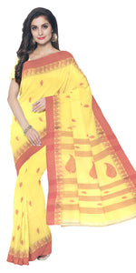 Yellow Tant Saree with Leafy Motifs-Tant saree-parinitasarees