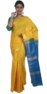 Yellow Tussar Silk Saree with Blue Pallav-Tussar Saree-parinitasarees